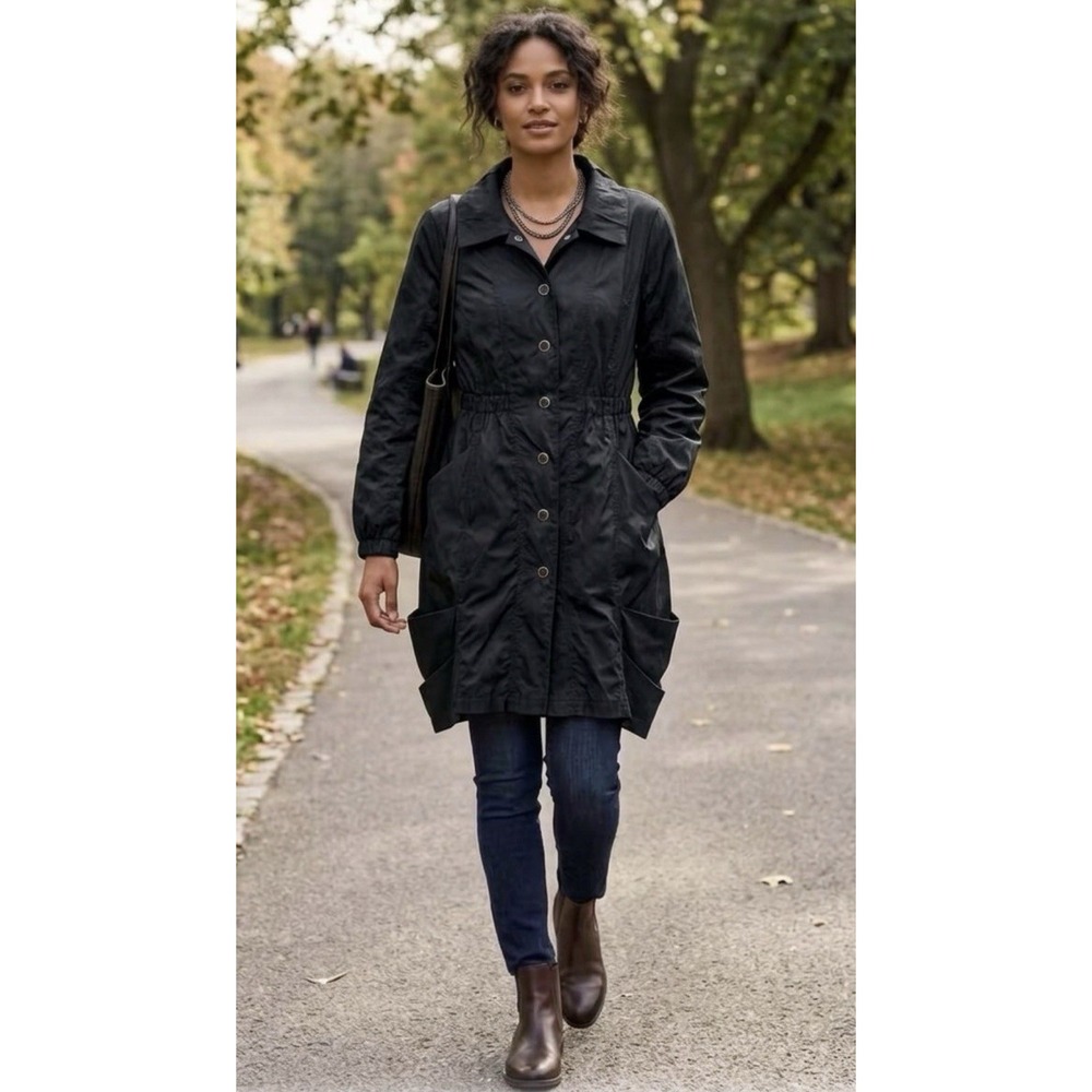 Stella Carakasi Utility Trench Coat Jacket Black Sz L Bubble Hem Boho Designer